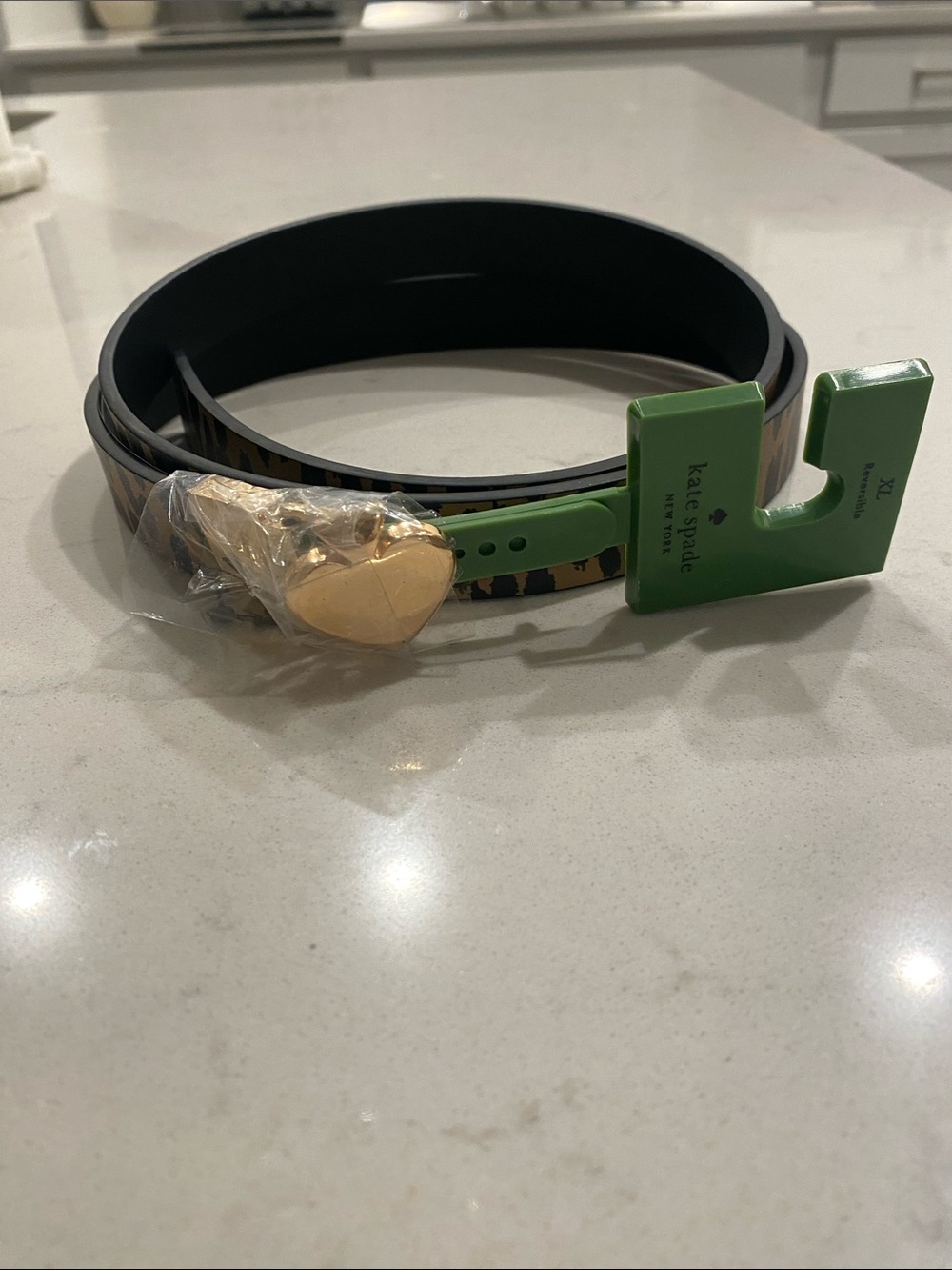 Kate Spade Reversible Leopard Strap Belt with Gold Heart Buckle